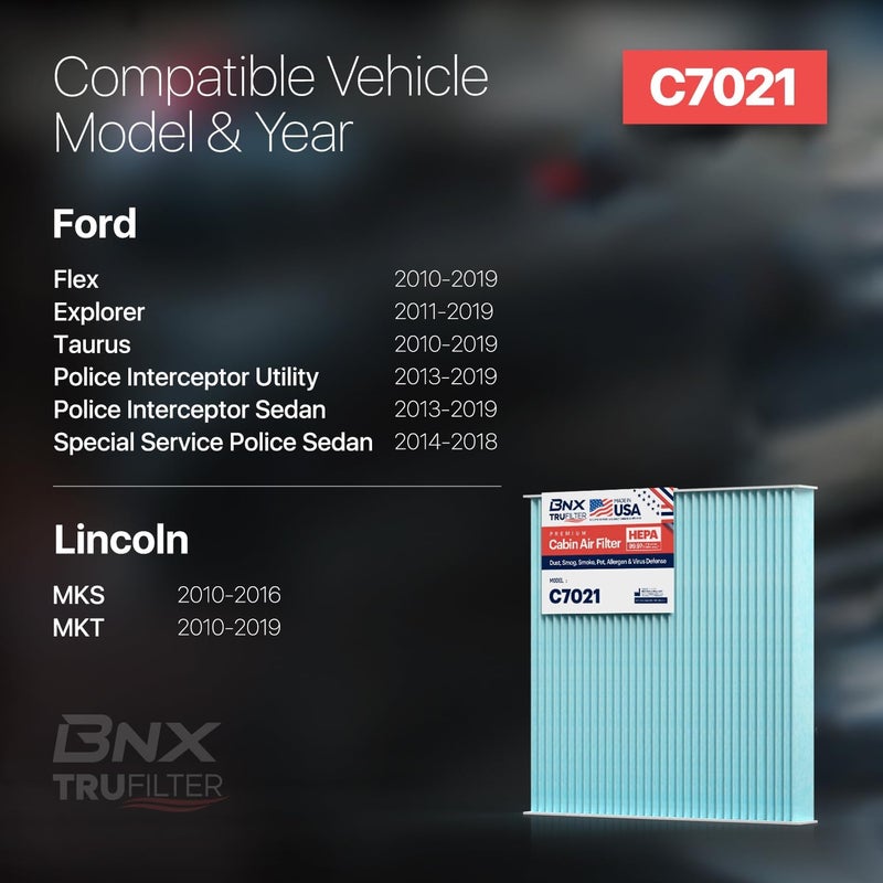 BNX TruFilter C7021 Cabin Air Filter, HEPA 99.97%, MADE IN USA, Compatible With Ford Explorer, Flex, Police Interceptor Sedan/Utility, Special Service Police Sedan, Taurus, Lincoln MKS, MKT - Image 3